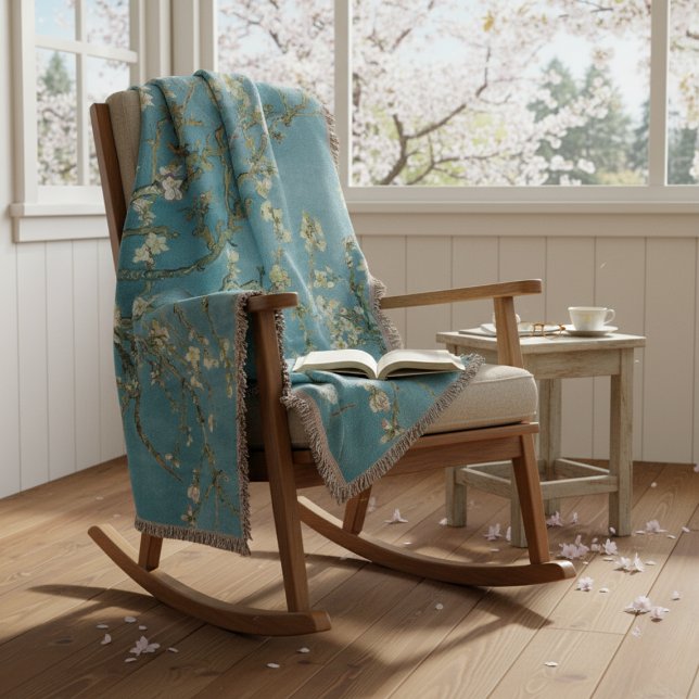 Cobertor Floração de Amêndoa Floral Boho Azul Arte Clássica (Criador carregado)