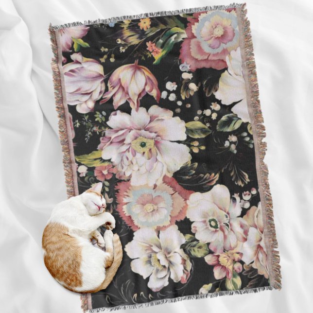 Cobertor floração floral-esita-branca-branca-boêmica (bohemian chic blush pink flowers dark floral throw blanket)
