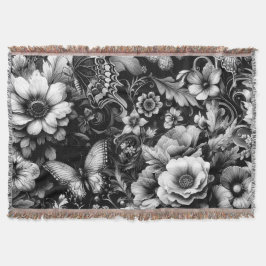 Cobertor Floral Antiquado Monocromático com Borboletas