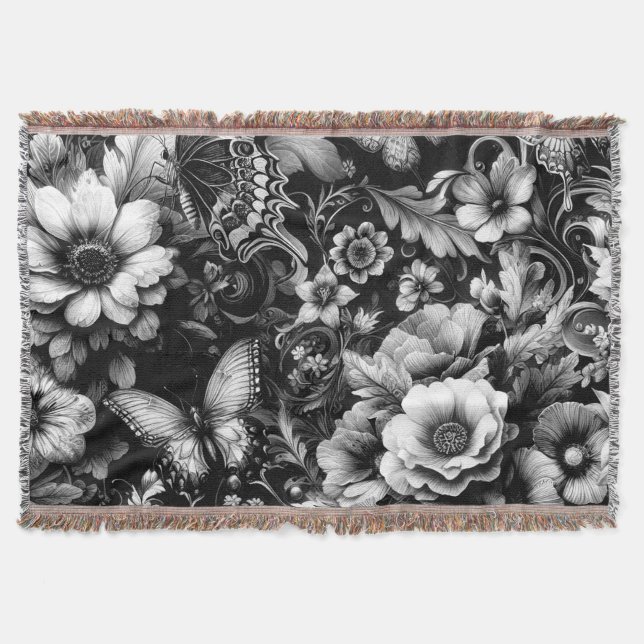 Cobertor Floral Antiquado Monocromático com Borboletas (Frente)