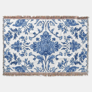 Cobertor Floral Azul de Chinoiserie Aquarela Branca
