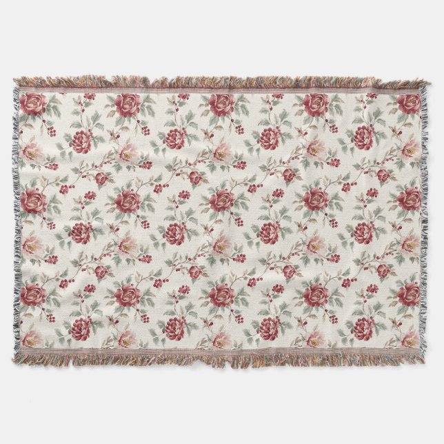 Cobertor Floral Creme Vermelho Chic Bonito  (Frente)