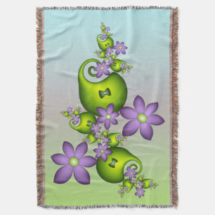 Cobertor Floral Fantasy Lilac Flores Verde Formas Fractais