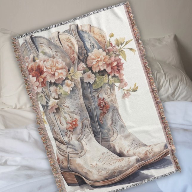 Cobertor Floral Floral de Jato-de-borda-oeste (Western Fringe Throw Blanket with Blue Grey Cowgirl Boots
Shabby Chic Decor)