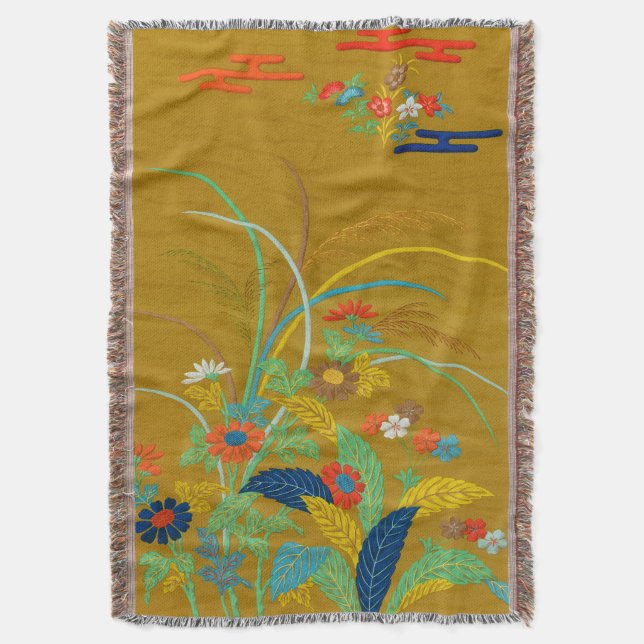 Cobertor Floral Japonês Antigo com Flores Silvestres G.A. A (Frente Vertical)