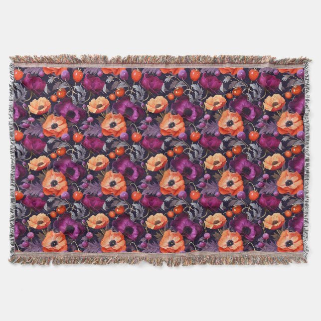 Cobertor Floral Sem Costura Com Flores Vermelhas, Laranja,  (Frente)