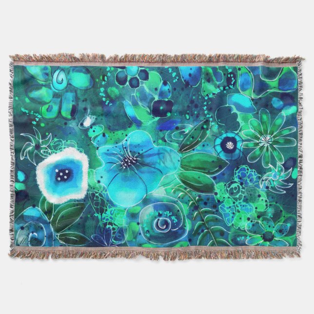 Cobertor Flores abstrato Florais Azuis Azuis-Teais Verdes (Frente)