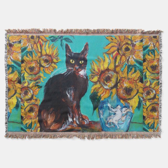 COBERTOR FLORES COM GATO PRETO EM TURQUOISMO AZUL (Frente)