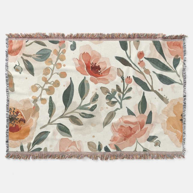 Cobertor Flores de Aquarela Laranja Pintura Botânica (Frente)
