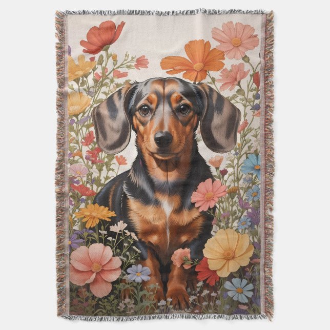 Cobertor Flores De Dachshund Castanho E Cosmos (Frente Vertical)