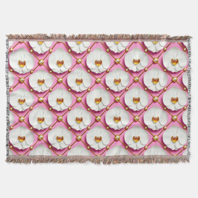 Cobertor Flores de Orquídea Brancas em Fundo Rosa com Doura (Frente)