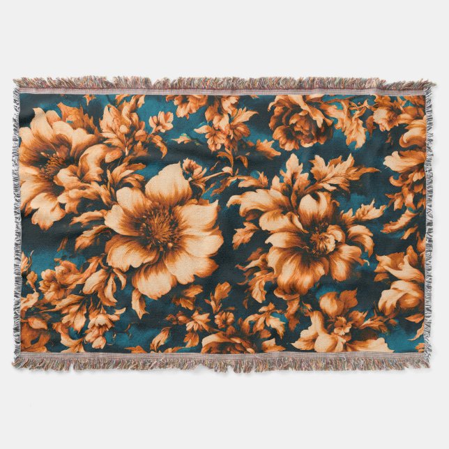 Cobertor Flores de Ouro refinadas e luxuosas, folhas em azu (Frente)