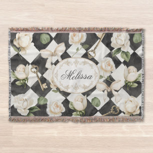 Cobertor Flores de Rosa Vintage Monograma Diamante Preto Br