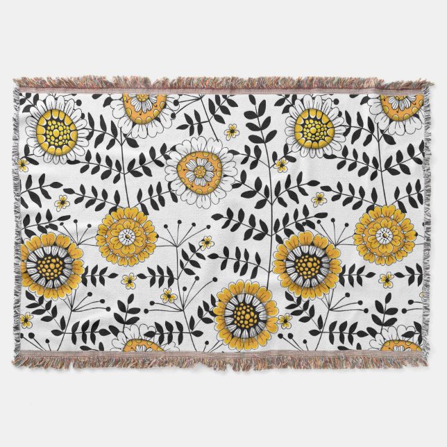 Cobertor Flores e folhas de rabo em amarelo e preto (Frente)