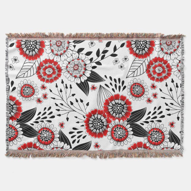 Cobertor Flores e folhas de rabo em vermelho e preto (Frente)