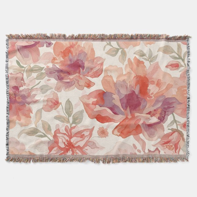 Cobertor Flores em Aquarela Pastel Laranja Claro (Frente)