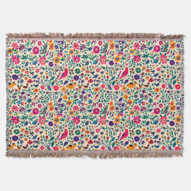Cobertor Flores folhosas coloridas \ aves (Frente)
