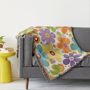 Cobertor Flores Retro Laranja Lilac Verde