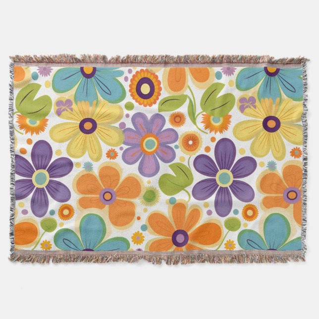 Cobertor Flores Retro Laranja Lilac Verde (Frente)