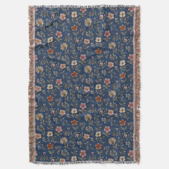 Cobertor Flores silvestres simples bordadas em fundo de jea (Frente Vertical)