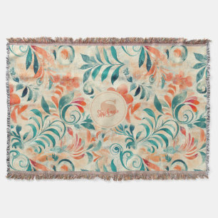 Cobertor Folhas Azuis Russas e Padrão Floral Vermelho-Laran