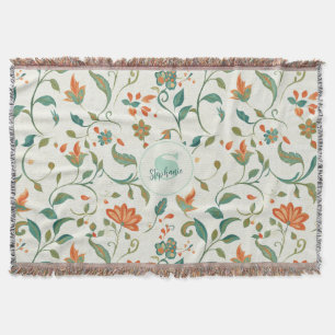 Cobertor Folhas Azul-Verde Vintage e Padrão Floral Laranja