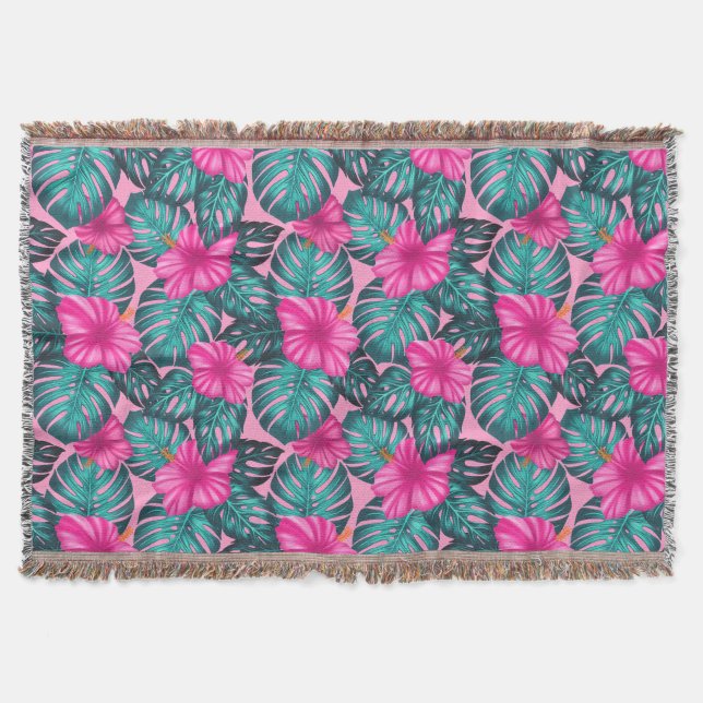 Cobertor Folhas de Monstera e Hibiscus Teal e Rosa a Rosa (Frente)