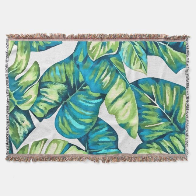 Cobertor Folhas de Monstera Tropical e Azul-Banana (Frente)
