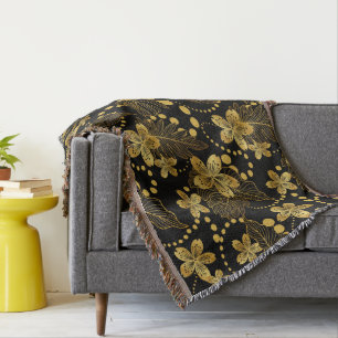 Cobertor folhas e flores tropicais em ouro a preto
