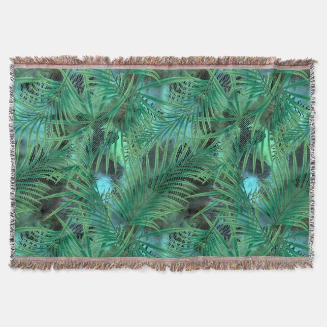 Cobertor Folhas, palmeiras, árvores, verde, azul, tropical (Frente)