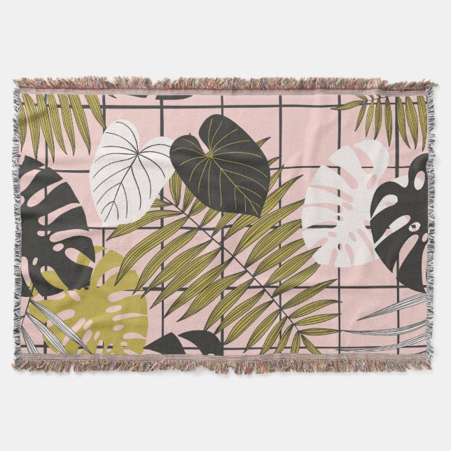 Cobertor Folhas tropicais, flores, padrão pintado à mão. (Frente)