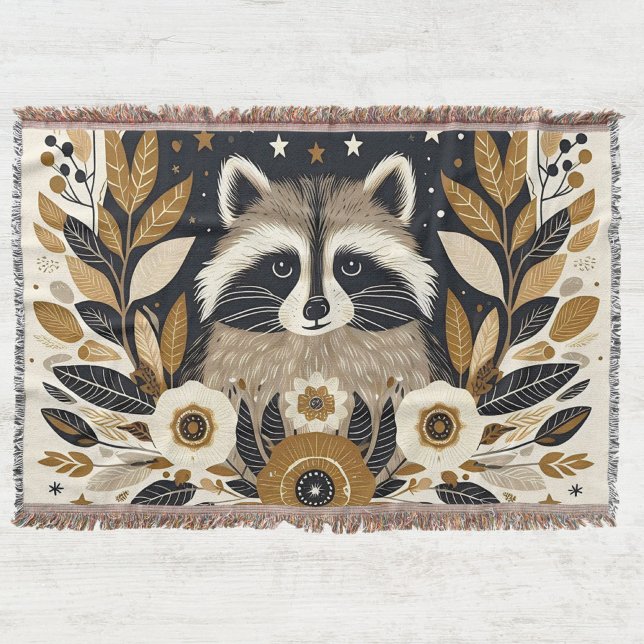 Cobertor Folk Art Raccoon Tassel Throw Blanket (Criador carregado)