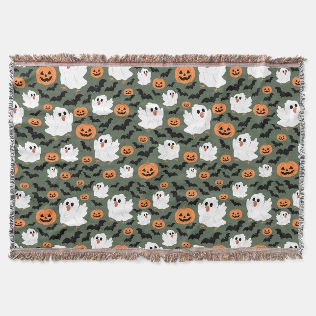 Cobertor Frangos Fantasmas Cute Spooky com Pumpkins e Bats (Frente)