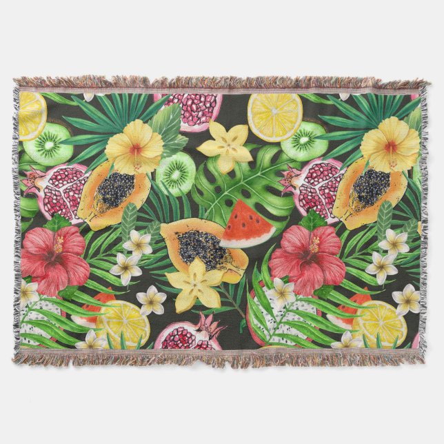 Cobertor Frutas tropicais, flores e folhas a preto (Frente)
