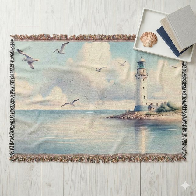 Cobertor Gaivotas do Farol Costeiro Céu Pastel Serenidade (Coastal Lighthouse Seagulls Pastel Sky Serenity Throw Blanket On Floor)