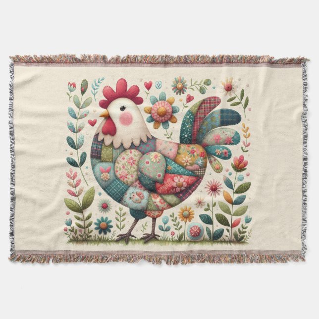 Cobertor Galo de Patchwork Folclórico com Acentos Florais (Frente)