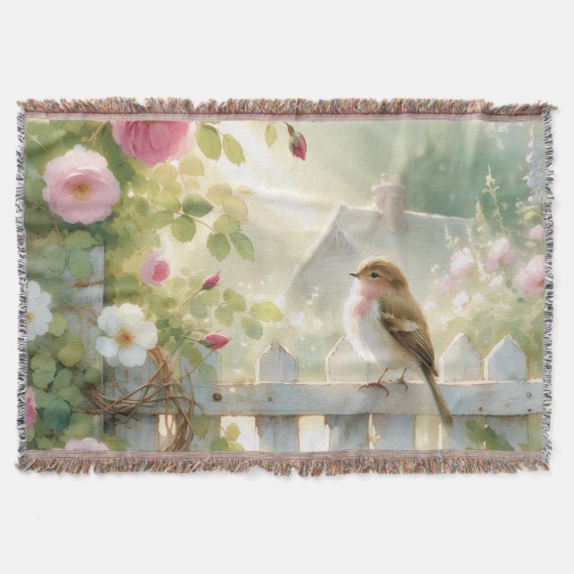 Cobertor Garden Rose Bird Watercolor Scene (Frente)