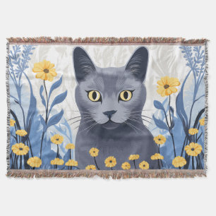 Cobertor Gato Azul Russo Flores Amarelas