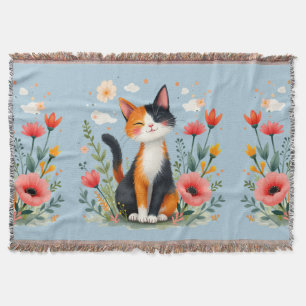 Cobertor Gato Calico Sorridente no Jardim Florido
