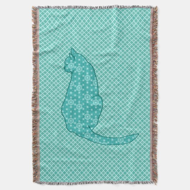 Cobertor Gato Japonês - Estampa de Quimono Turquesa (Frente Vertical)