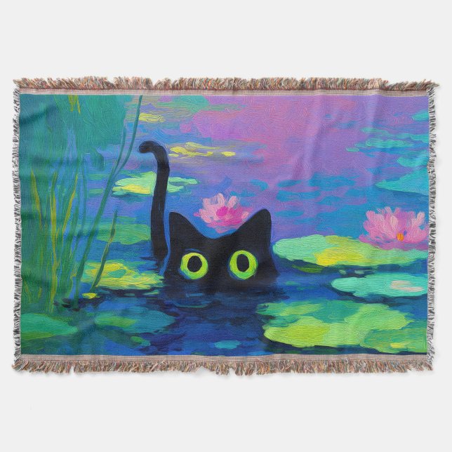 Cobertor Gato Negro Engraçado Nadando Pond | Quirky Art (Frente)