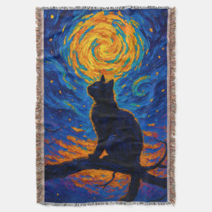 Cobertor Gato Preto ao Estilo Van Gogh Olhando para a Lua