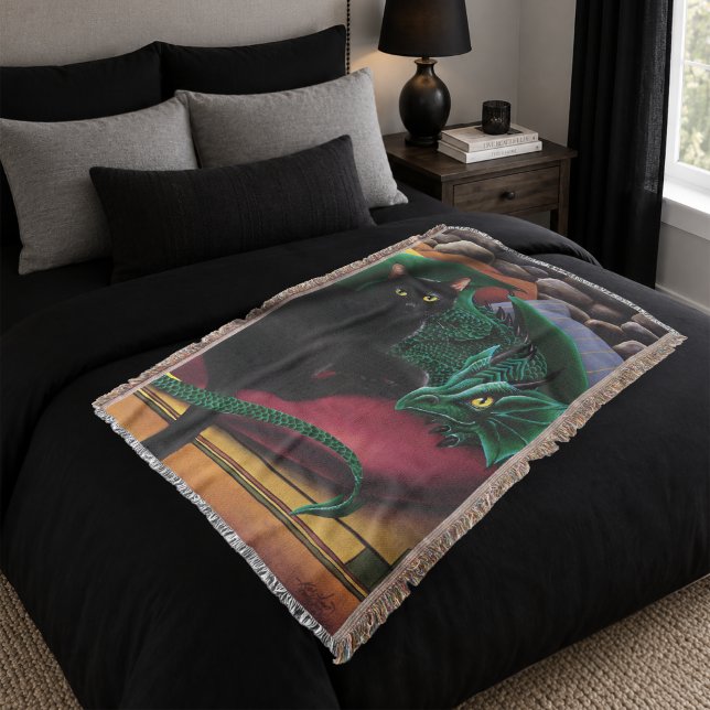 Cobertor Gato Preto Místico Dragão Verde Esmeralda Fantasia (Criador carregado)