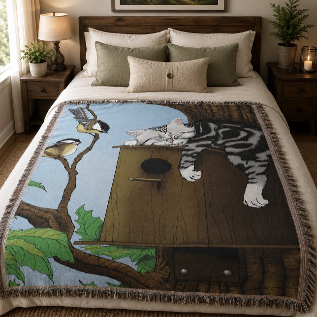 Cobertor Gato Tabby Fofo Dormindo Casa de Pássaro Engraçado (Criador carregado)