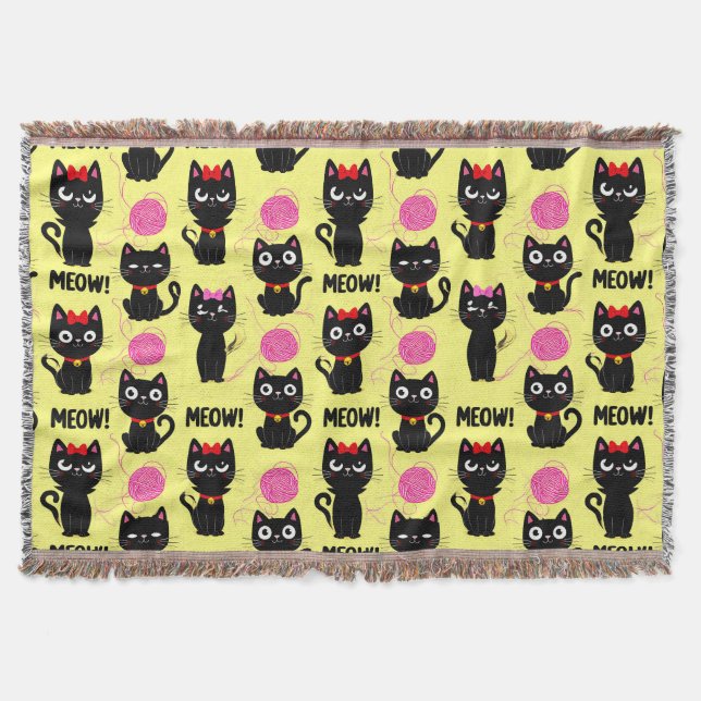 Cobertor Gatos Pretos Divertidos Com Bolas de Lã (Frente)