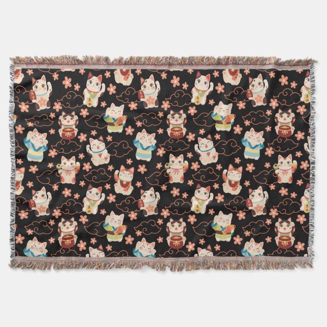 Cobertor Gatos Sortudos Maneki Neko Padrão (Frente)