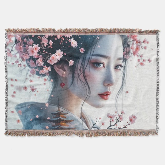 Cobertor  Geisha portrait, cherry blossoms, Japanese art, (Frente)