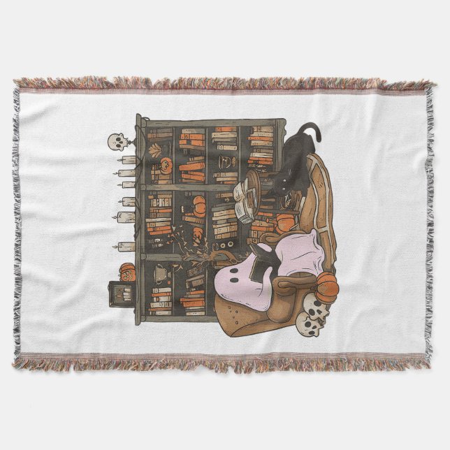 Cobertor Ghost Reading Book Cat lover Halloween (Frente)