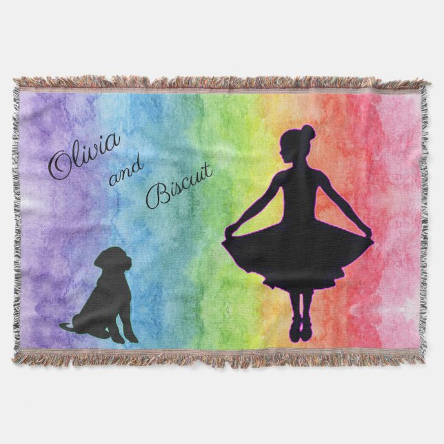 Cobertor Girls Rainbow Watercolor Dancer and Dog (Frente)