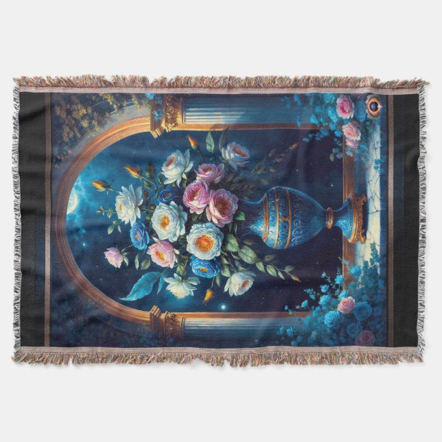 Cobertor Glorioso Buquê Floral Sob Um Céu Luar (Frente)